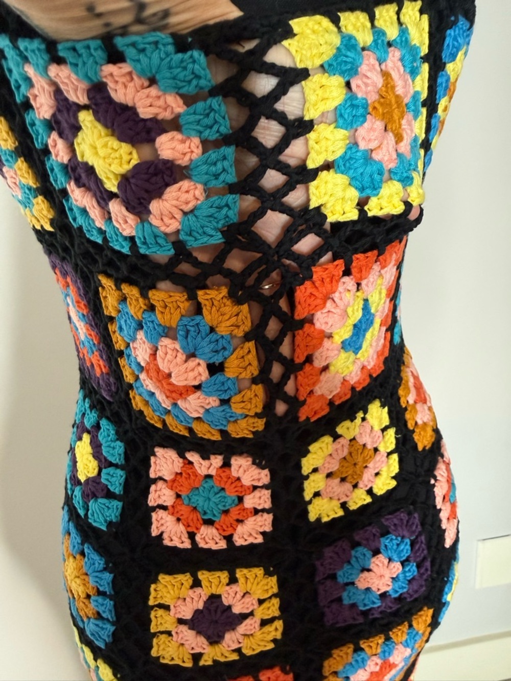 Crochet Knit Granny Square Button Down Maxi Dress Black Sleeveless Boho Medium - Picture 12 of 12